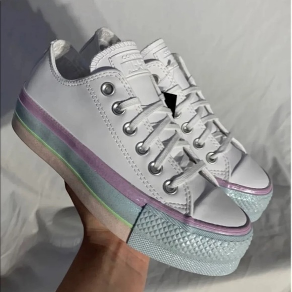 Converse CTAS Lift Ox Platform Shoes Pastel Glitter Rainbow White Womans New - Picture 4 of 6